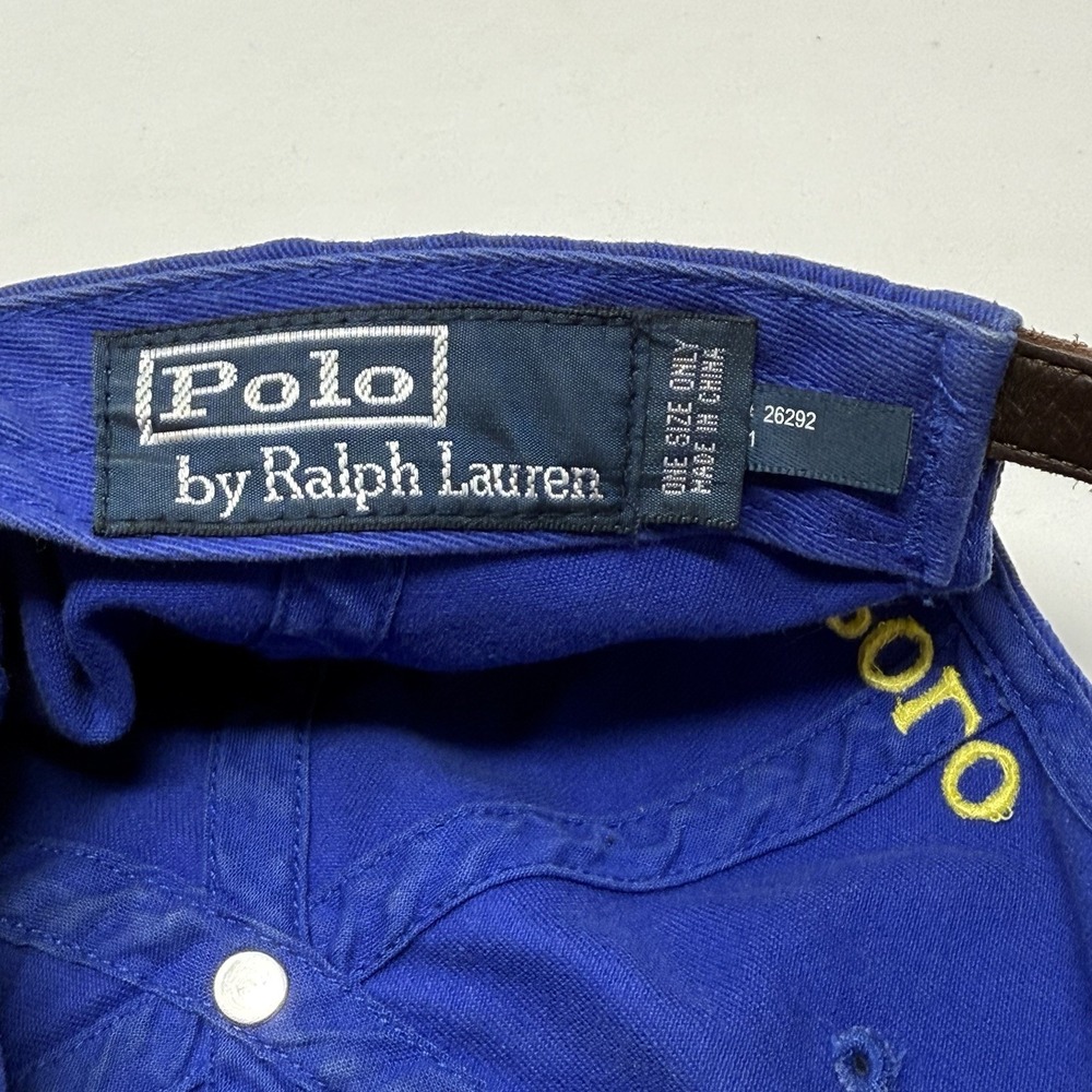 Vintage Polo Ralph Lauren Hat Cap Leather Strap Back Cotton Dad Blue Yellow Pony - Picture 9 of 10